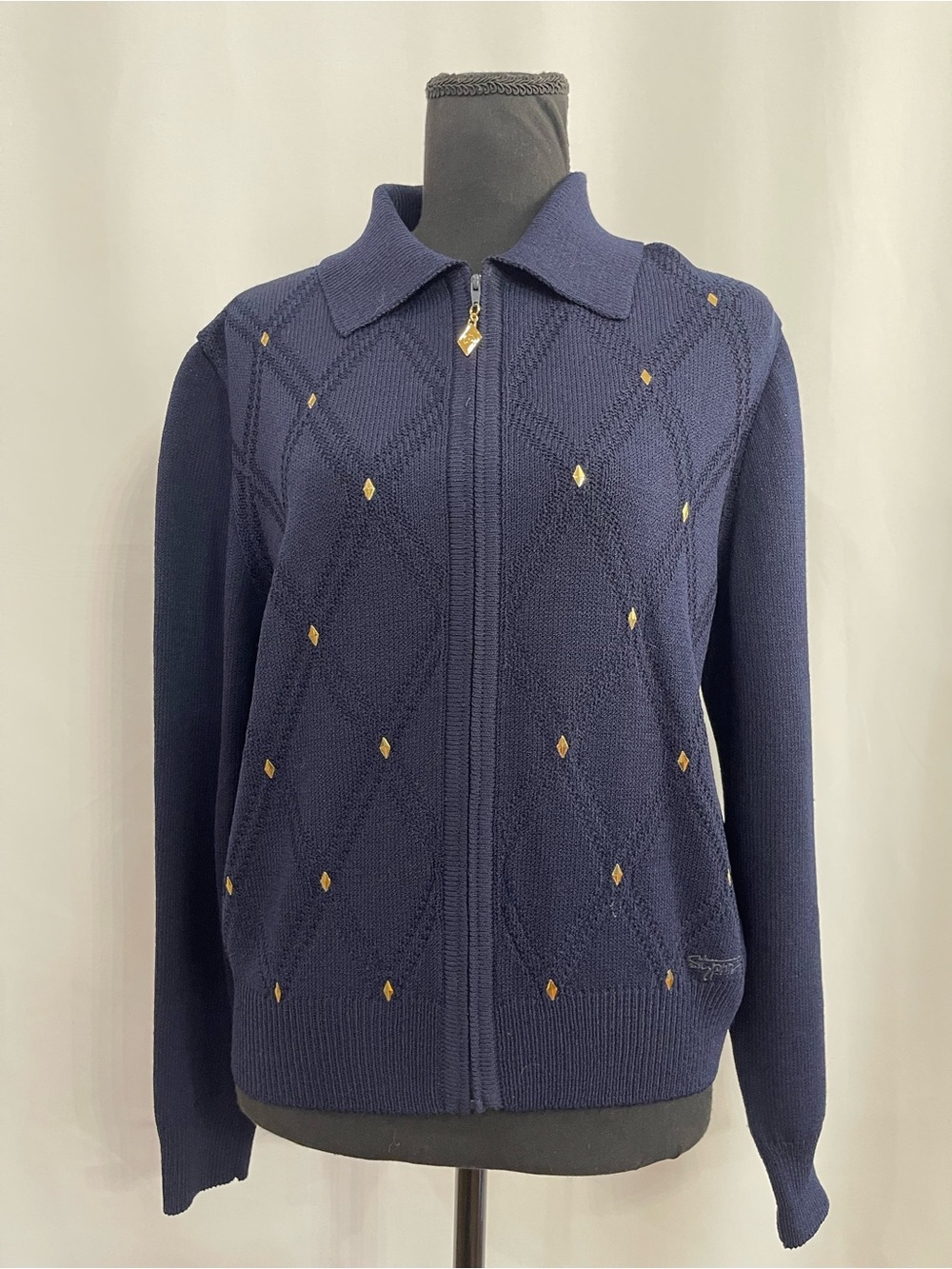 St John Sport Essentials Blue Zip-Front Knit sweater with Gold Diamond Accents